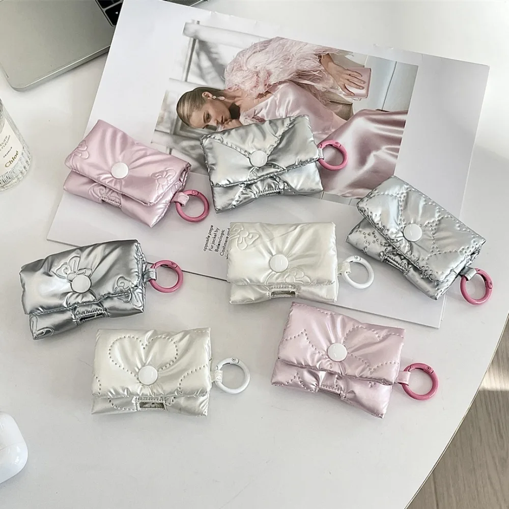Balletcore Heart Earphone Bag Soft PU Leather Bow Headphone Storage Bag Korean Style Silver Bluetooth Headset Earphone Case