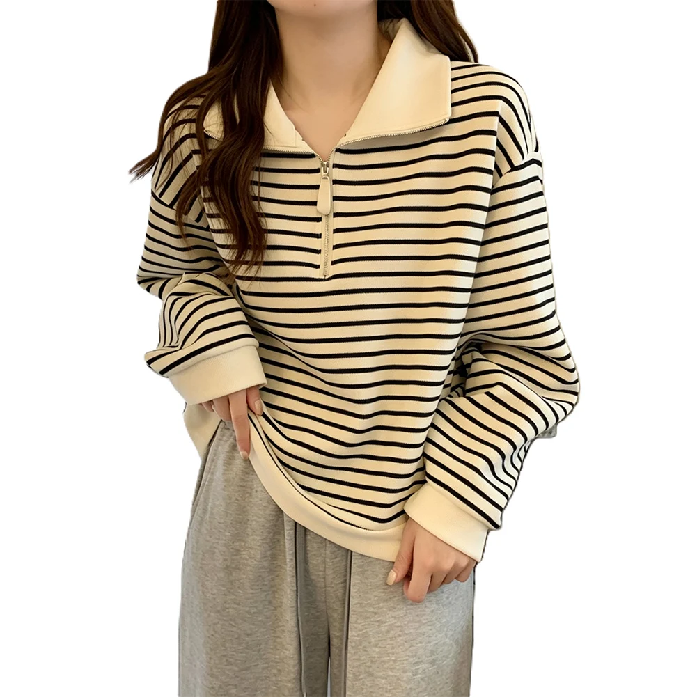 Long Sleeve Striped For Top for Women Featuring Lapel Detail and Semi-Zip Front Designed for Leisure Activities