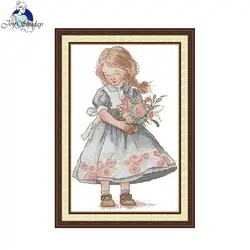 Joy Sunday Cross Stitch Kit Peony Girl HD Pattern Aida 16/14/11CT Counted Printed Canva DIY Embroidery Kit Hand Craft Home Decor