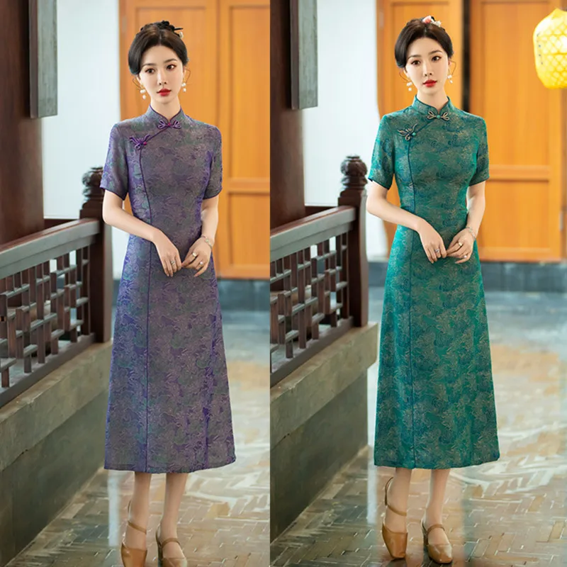 ซูโจวและหางโจวปรับปรุงใหม่สไตล์จีน Cheongsam ยาว Qi Pao กระโปรงแกว่งขนาดใหญ่ฤดูใบไม้ผลิฤดูร้อนผู้หญิงสูงอายุวัยกลางคน