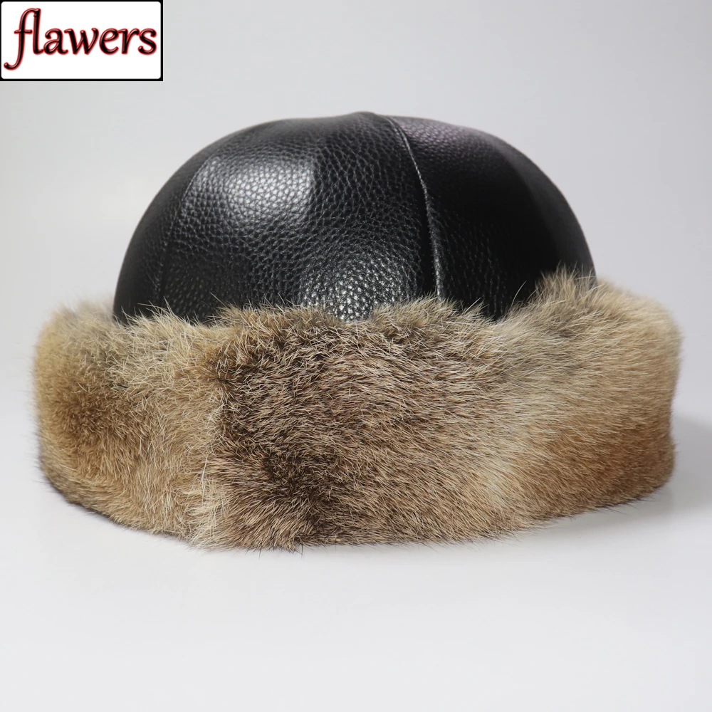 Hot Sale Women Winter 100% Real Rabbit Fur Hat Natural Warm Rabbit Fur Caps Unisex Genuine Cow Leather Hats