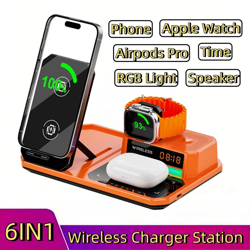 

Беспроводное зарядное устройство 20 Вт для Iphone 17 16 15 14 13 12 11 Time RGB Light Зарядная станция Bluetooth-динамика для Apple Watch Airpods