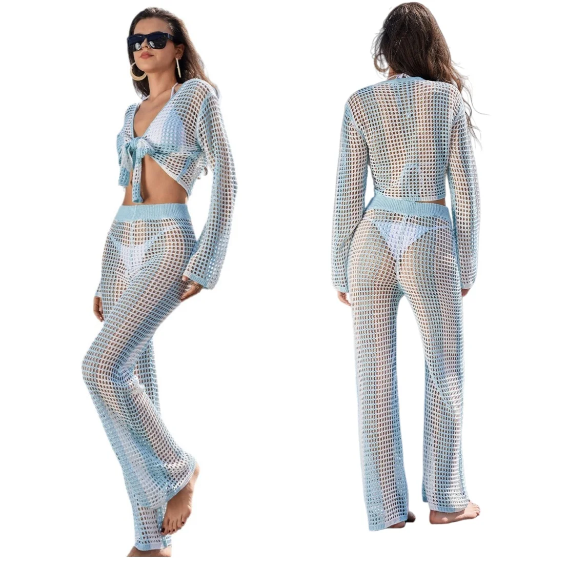 Women's Beach Cover Up Set - Light Blue Crochet Mesh 2-Piece Outfit Beachwear Long Sleeve Beach Cardigan and Pants