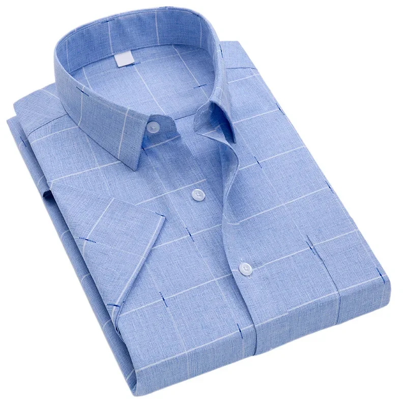 2024 camicia stampata da uomo manica corta estate morbida liscia allentata abbottonata Plaid sottile senza ferro sociale Regular Fit Business