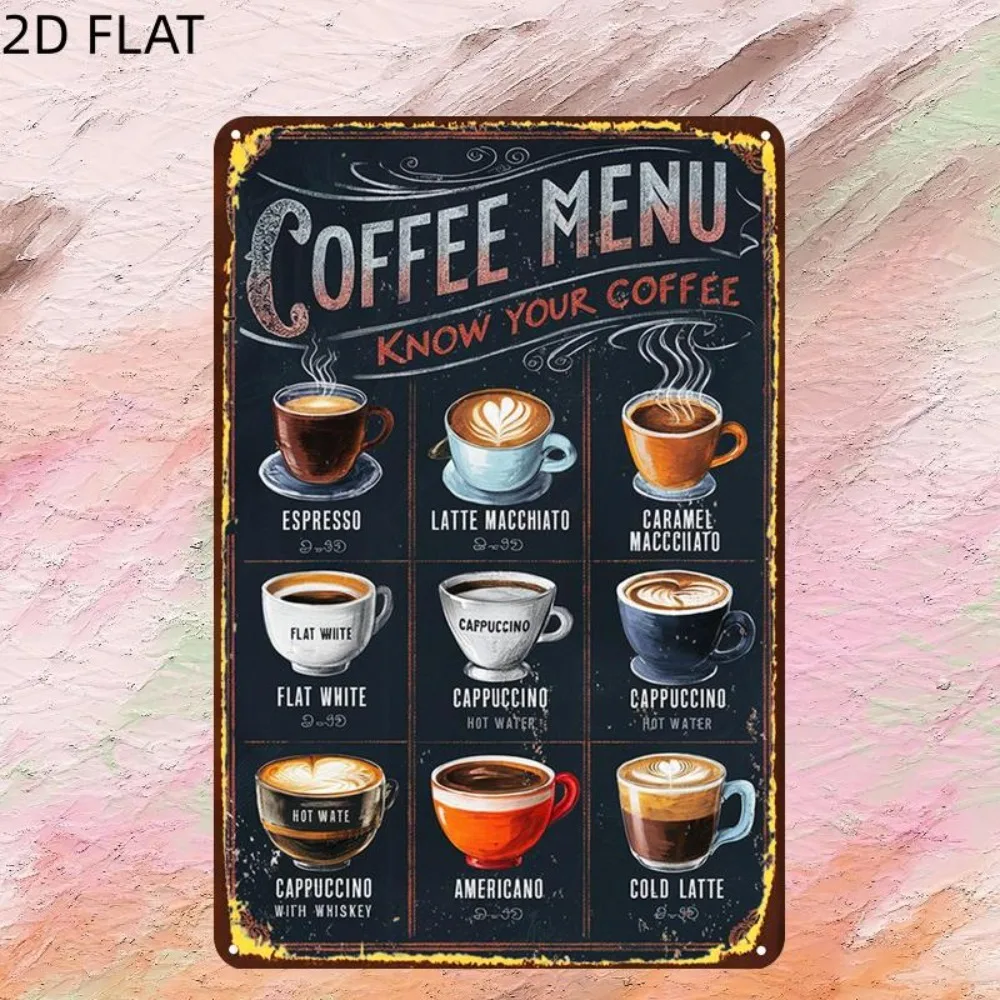 2D Flat Aluminum Decor Plaque, Vintage Popular Coffee Guide Wall Sign for Home Bathroom Garden Office Outdoor Wall Deco