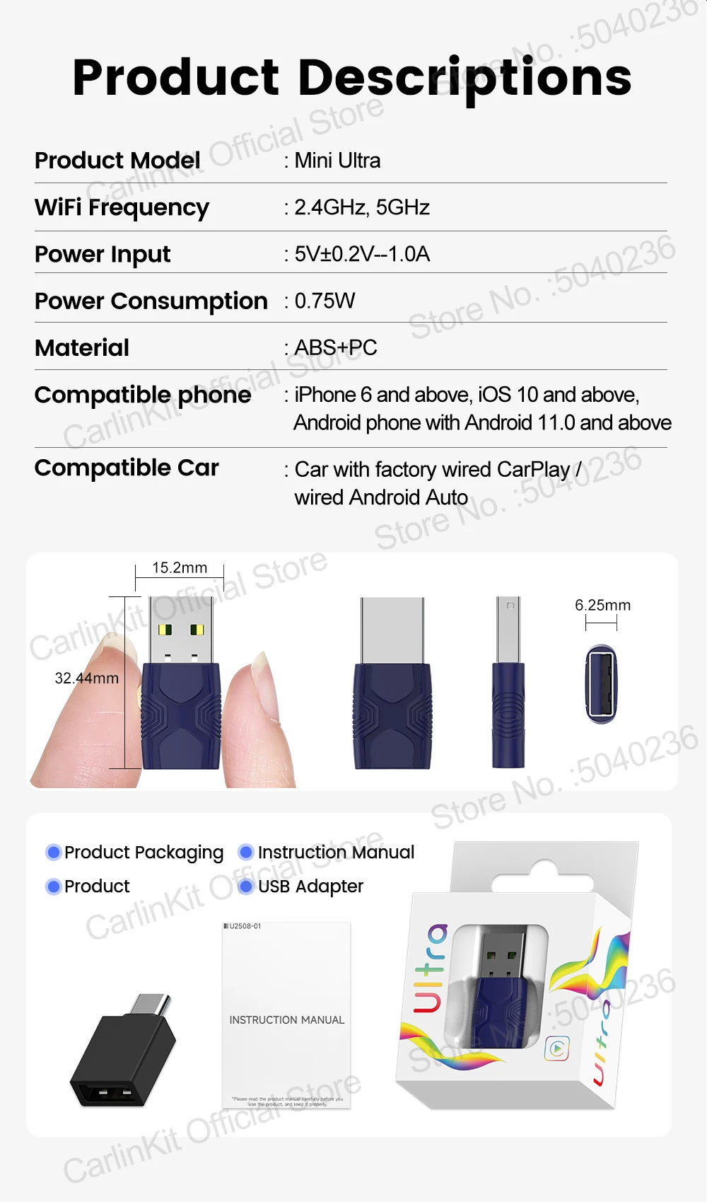 Mini Ultra 2 CarlinKit 5.0 Kabelloser CarPlay Android Auto Adapter Plug & Play WLAN Bluetooth Automatische Verbindung für OEM-Fahrzeuge – Detail 14