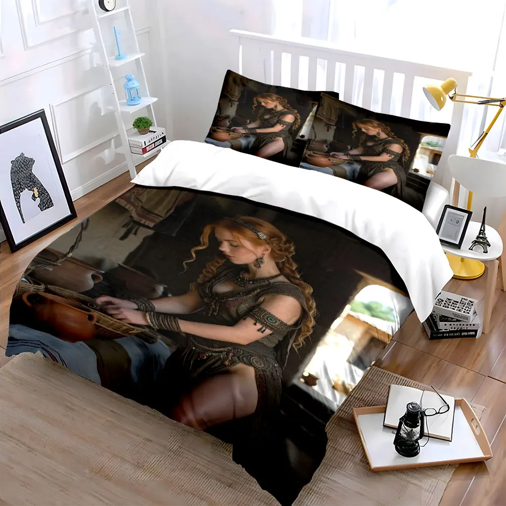 Red-haired woman weaving basket Print Bedding Set 1 Duvet Cover 2 Pillowcases for Adult and Children Luxury Gift Full Size