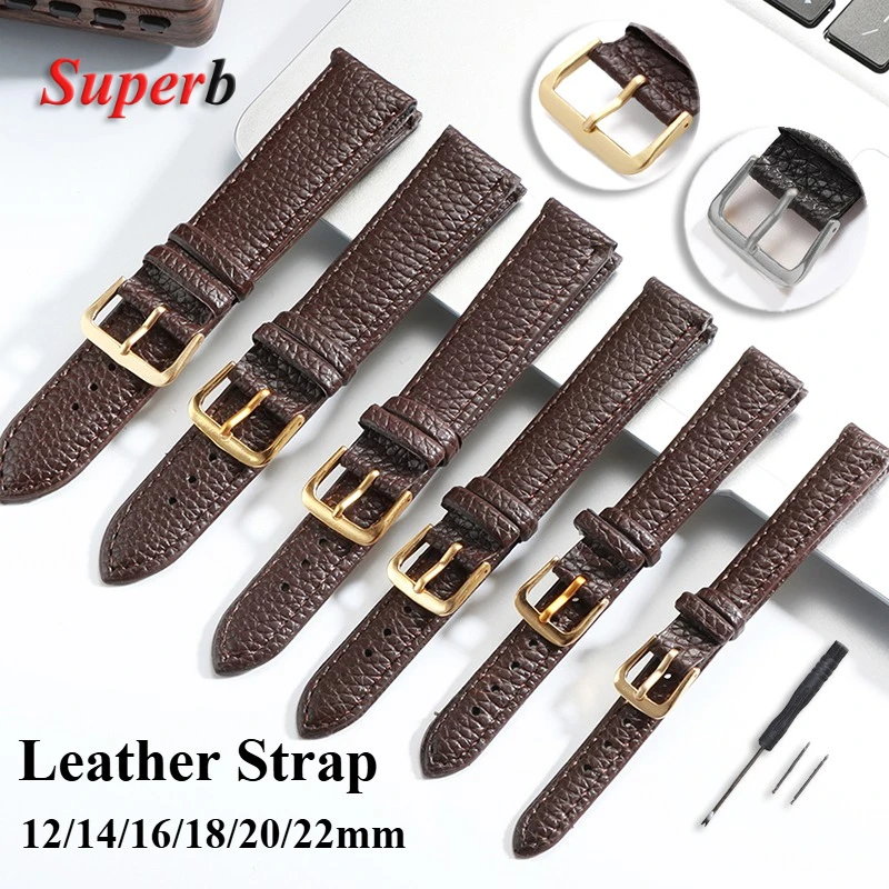 Мягкий кожаный ремешок для часов из искусственной кожи с узором личи для мужчин и женщин, черный, коричневый, сменный браслет 12 мм, 14 мм, 16 мм, 18 мм, 20 мм, 22 мм