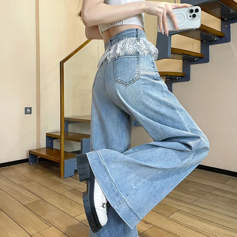 Street Trend Lace Patchwork Denim Wide-leg Pants, Women's Spring Fashion High-waisted Loose Design Sense of Straight Leg Jeans