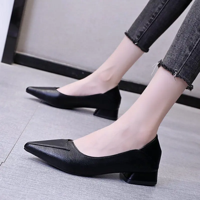 Pumps Women Shoes Shallow Chunky Heeled Pointed Toe Ladies Shoes Platform Soft Leather Women Fashion Dress Office High Heels