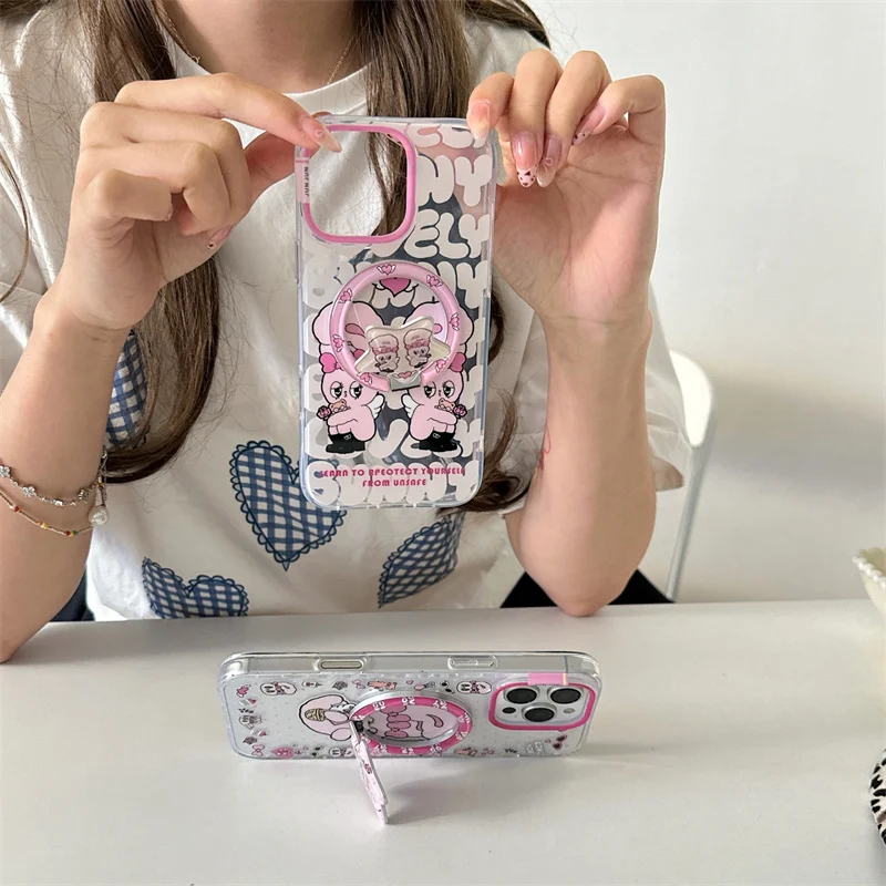 Korean Cute Pink Rabbit Magnetic Phone Case For iPhone 16 Pro 15 13 14 Pro Max Cover with Magsafe Stand Holder Grip Kawaii Cases