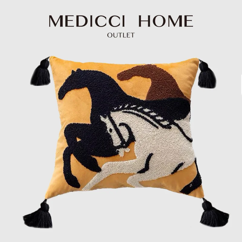 Medicci Home Luxury Handmade Boho Horse Pillowcase With Tassel Punch Needle Embroidery Equestrian Decorative Cushion Cover 45x45