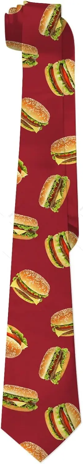 Funny Hamburger Ties for Men Crazy Red Hamburger Printed Slim Silk Necktie Fun Hamburger Costume Neck Tie Novelty Holiday