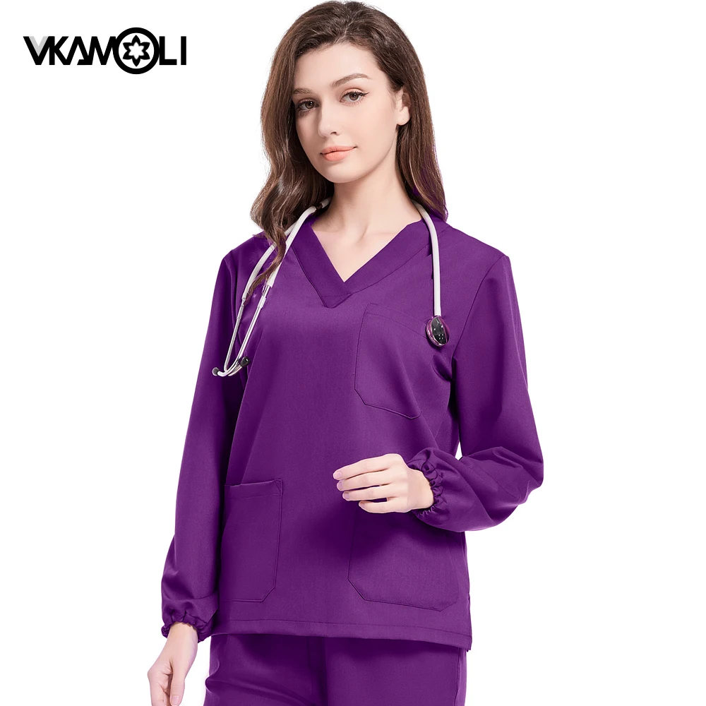 Effen Kleur Elastische Stof Lange Mouwen Scrubs Tops Scrub Broek Jogger Tandheelkundige Apotheek Laboratorium Operatiekamer Werk Uniform