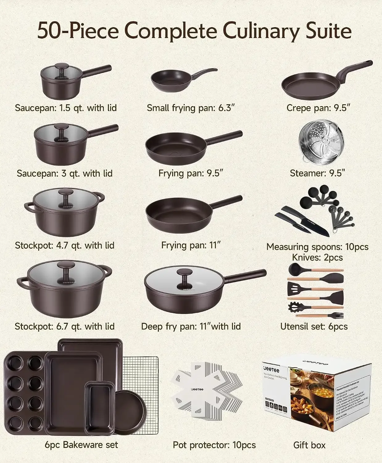 50-Piece Titanium Pots and Pans Set NonStick with 6pc Bakeware | Cookware Sets for New Home Cooking, Healthy Pot and Pan Set Ind