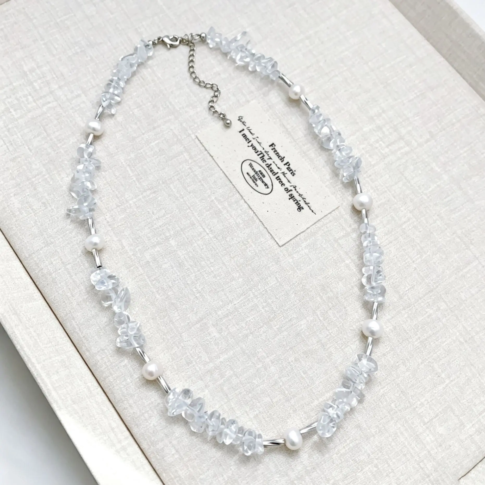 Niche Design Irregular Transparent Clear Stone Cultured Pearl Handmade Beaded Splicing Necklace Simple Personalized Necklace
