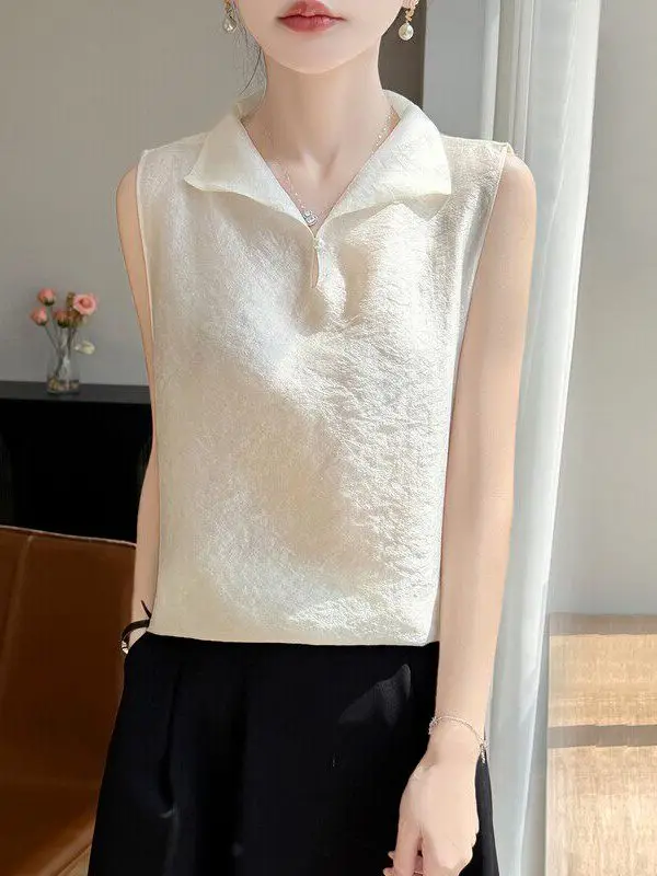 Summer 2026 Women's Ogeesha Slim Fit Sleeveless Shirt Thin Veil Cool Feeling Outerwear Breathable Flip Collar Tank Top