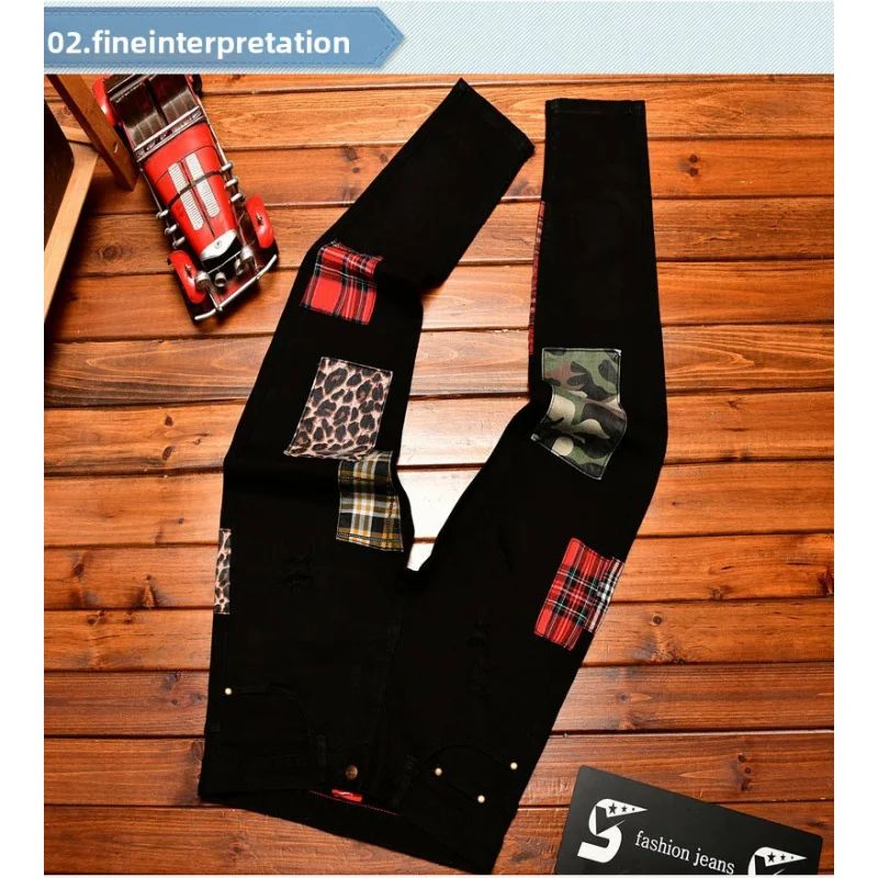 Black Jeans Men's Slim Fit Ankle-Tied Trendy Fashion Stitching Patchwork Design Autumn Stretch Denim Trousers