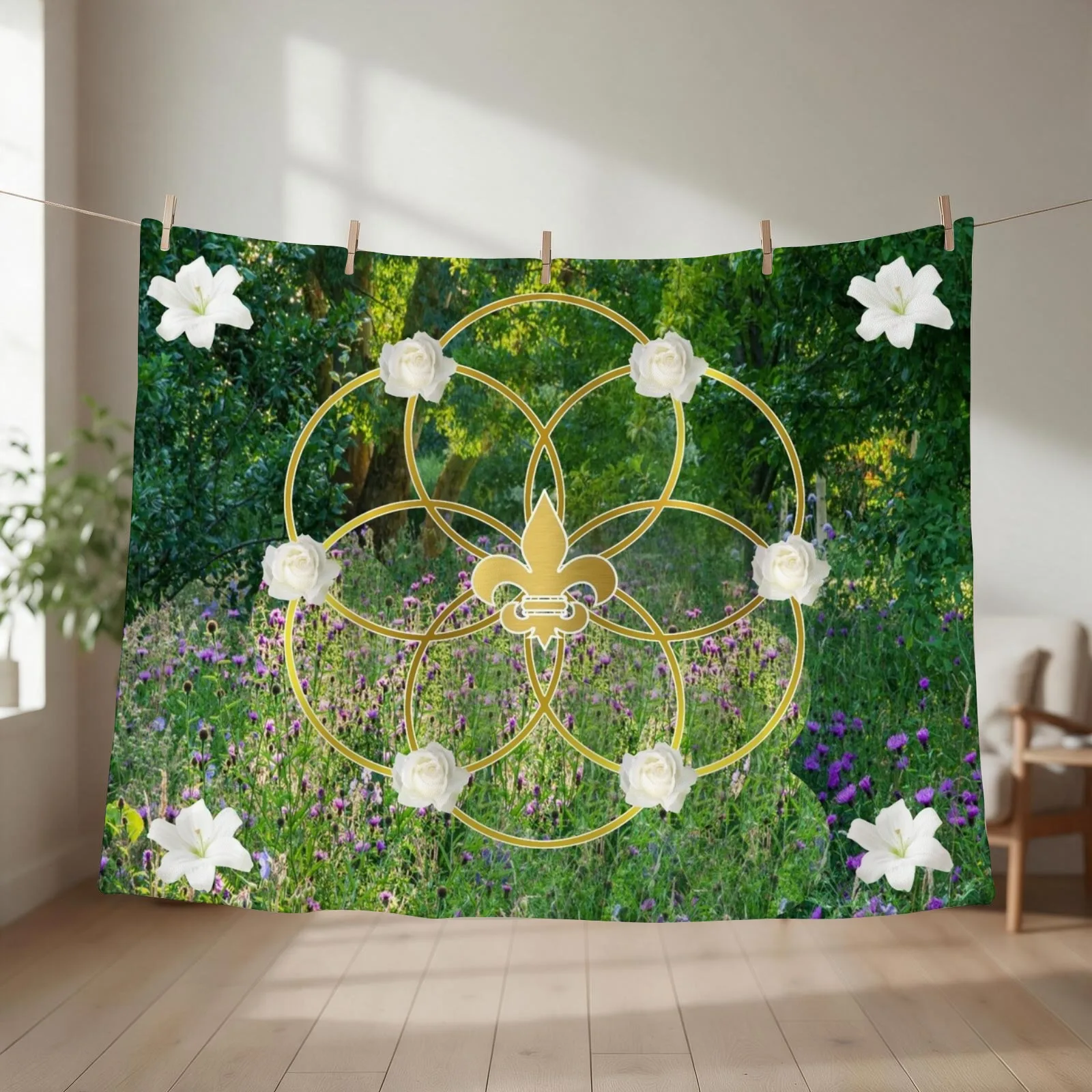 Garden of Eden Fleur de Lis Seed of Life Throw Blanket couch cozy soft plush fuzzy picnic outdoor blanket