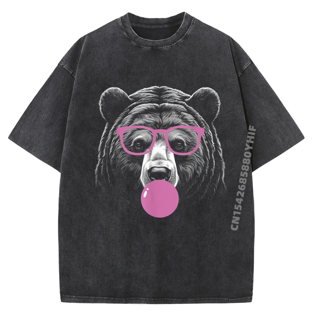 

Cute Bear Face Eating Gum And Makes Bubble Funny Bear Women Mens Graphic Tshirts Men Clothing Washed T Shirts
