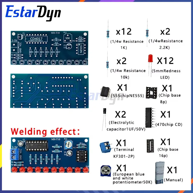 Estardyn Smart Electronics Kits Ne555+CD4017 Light Water Flowing Light LED DIY Kit Learn Electronic Principles Children's Lab