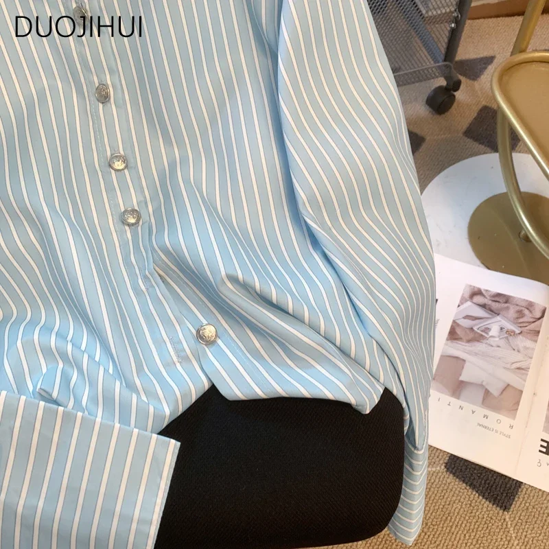 DUOJIHUI Blue Striped Loose Casual Elegant Women Shirt Spring Basic Long Sleeve Fashion Office Lady Contrast Color Female Shirt