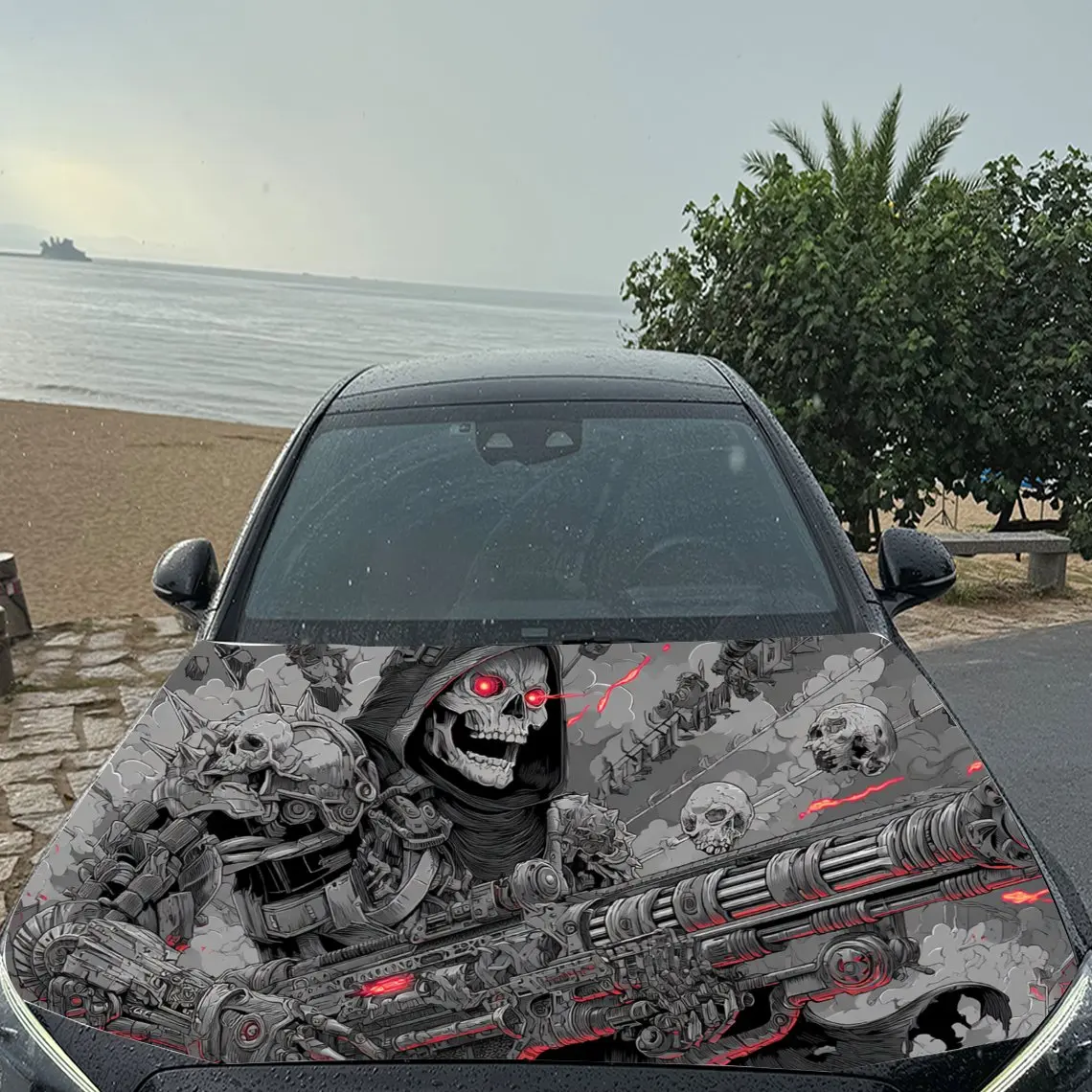 جمجمة ميكانيكية ساحرة في الخيال العلمي - مشهد فني من مادة PVC لغطاء محرك السيارة من الفينيل، عصا لاصقة ذاتية اللصق مقاومة للماء لغطاء السيارة