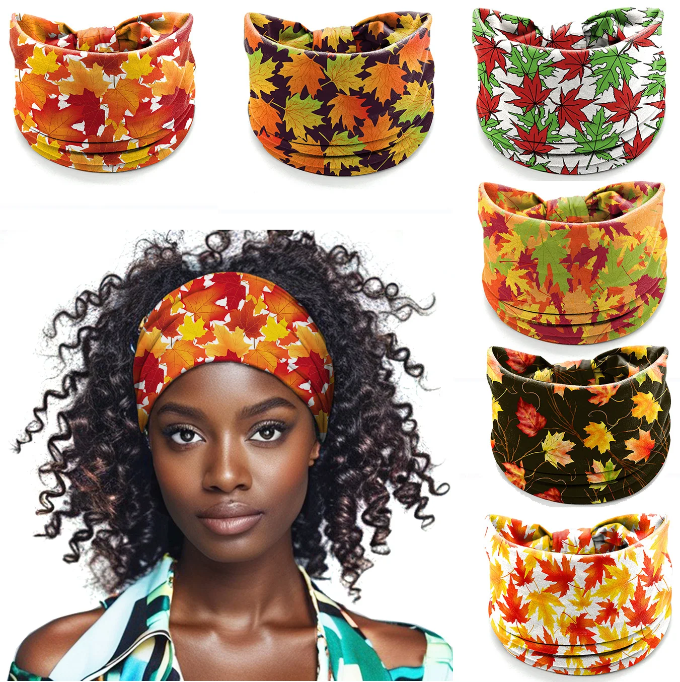 

Colorful maple leaf print knotted high elasticity polyester cotton blend soft widened headband hair accessory
