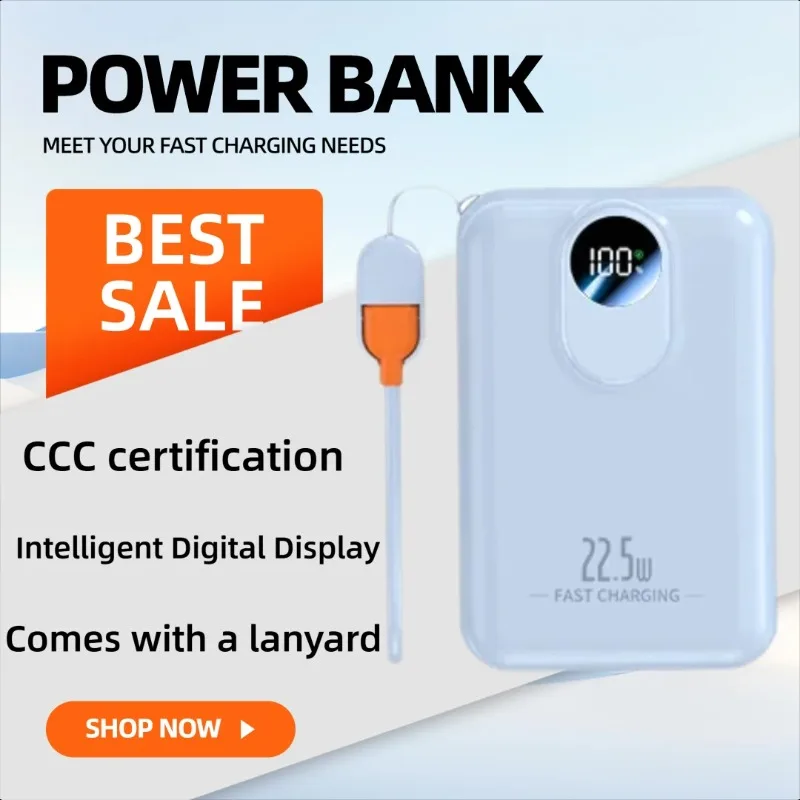 

22.5W Super Fast Charging Mini Power Bank 20000mAh Large Capacity Built-in Cable Compact and Portable Mobile Power Supply