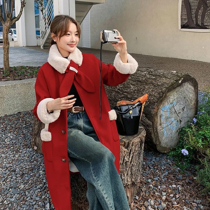 Christmas red high-end woolen coat women's medium and long winter horn buckle piled woolen coat