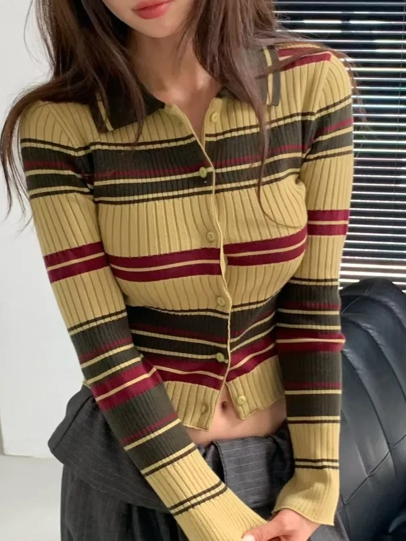 

Модный полосатый вязаный открытый кардиган, женский облегающий длинный свитер на одной пуговице, шикарный универсальный осенний сарафан