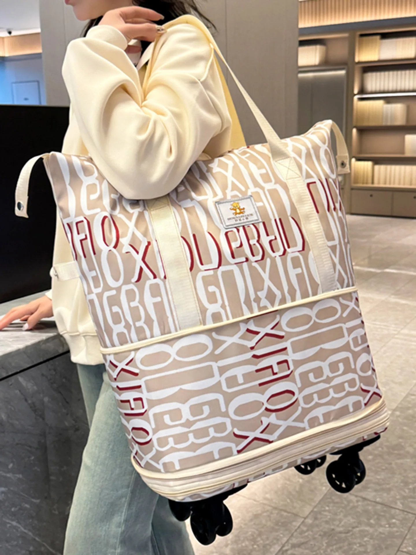 large-capacity-shopping-bag-with-wheels-ladies-travel-bag-handheld-bag-fashionable-trendy-nylon-material-foldable-travel-bag