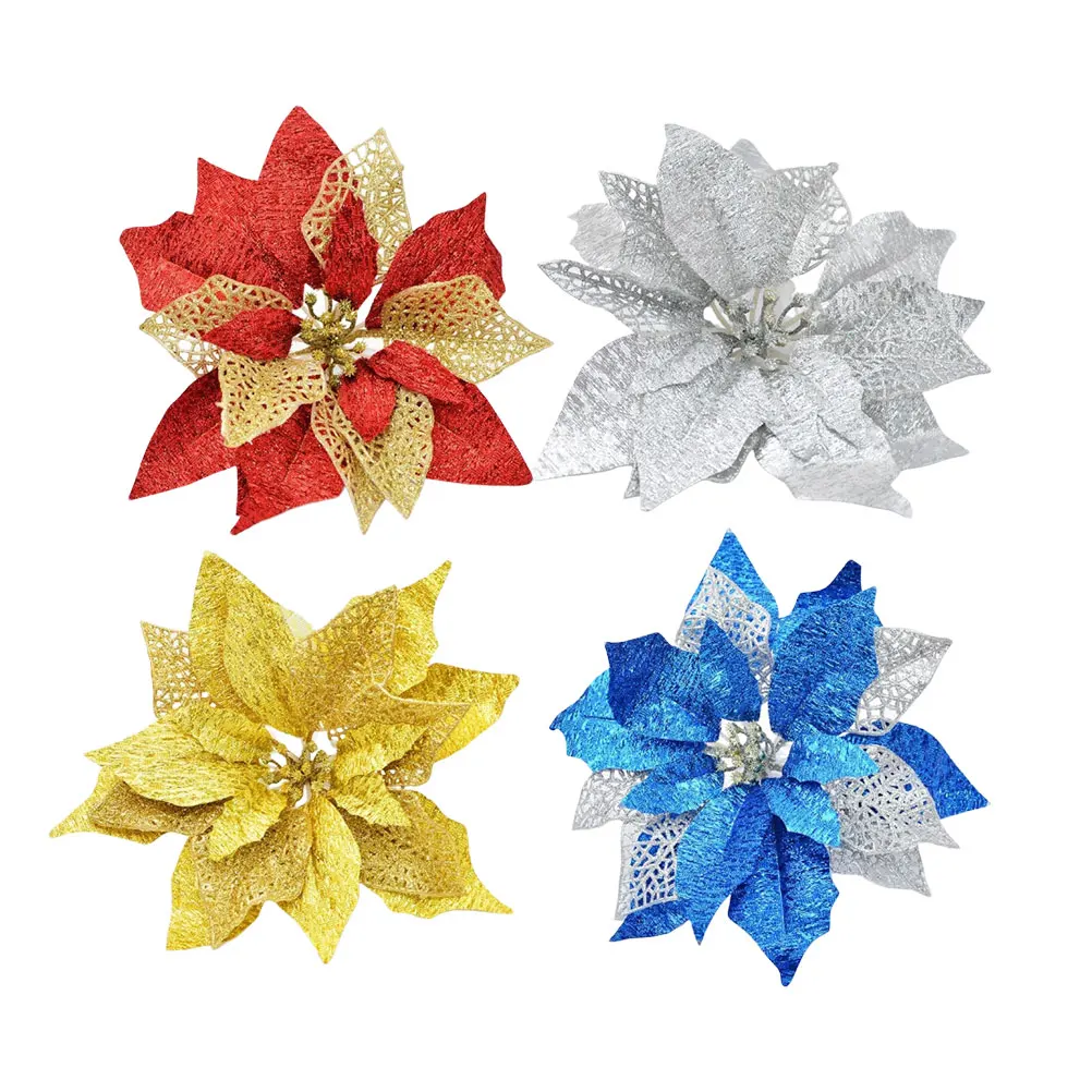 

4pcs 25Cm Christmas Simulation Cloth Flower Decoration Home Party Festival Ornament Silver Gold Blue Fake Flower