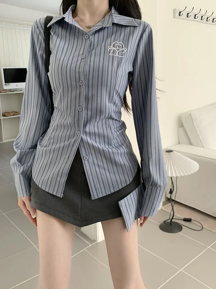 Zoki Harajuku camicia a righe retrò donna camicetta con ricamo sottile moda coreana stile Preppy All Match top Casual a maniche lunghe