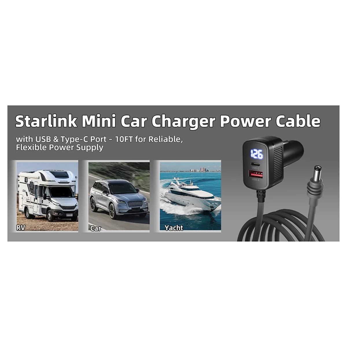 (A23G) For Starlink Mini Power Cable 100W 12V-24V Cigarrete Lighter Adapter to DC Power Cable with USB Type-C Port &Voltmeter
