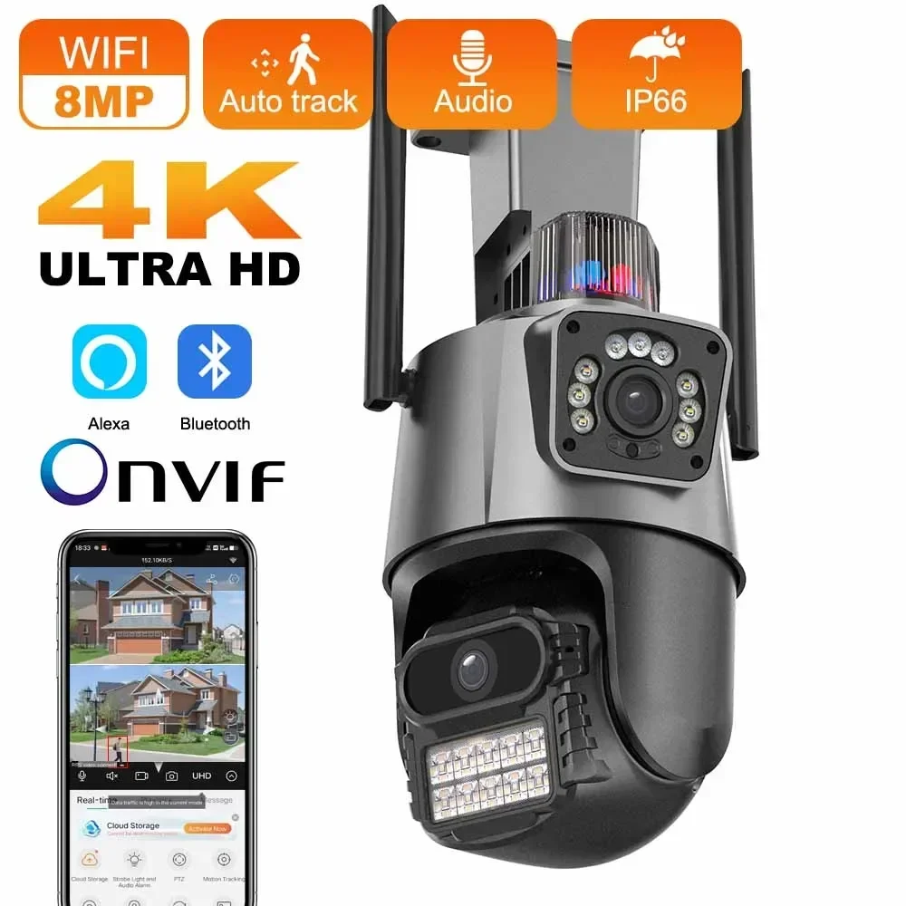 كاميرا IP بعدسة مزدوجة بدقة 4K بدقة 8 ميجابكسل، شاشة مزدوجة واي فاي مقاومة للماء، رؤية ليلية بالأشعة تحت الحمراء، تطبيق ICSEE للتتبع التلقائي