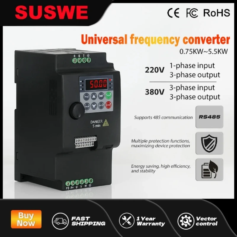 SUSWE Low Voltage VFD 0.75/1.5/2.2/4/5.5Kw, 1-Phase 220V to 3-Phase 220V or 3-Phase 380V to 3-Phase 380V, For Motor Speed Contro