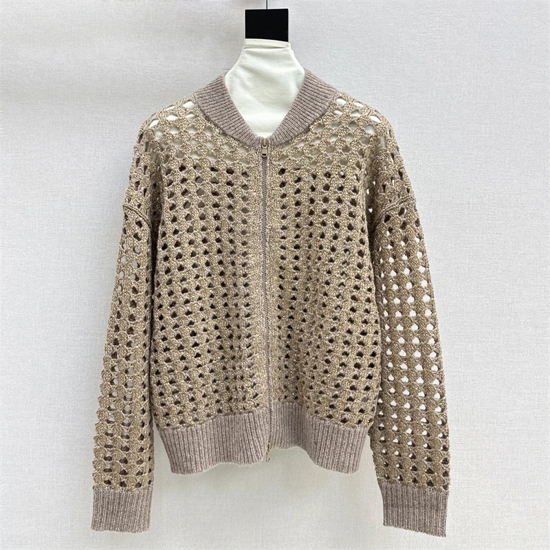 

Cardigan for women New elastic knitted hollow out long sleeved top for autumn 2025 Sequin blend Women's coat wool blend sweater