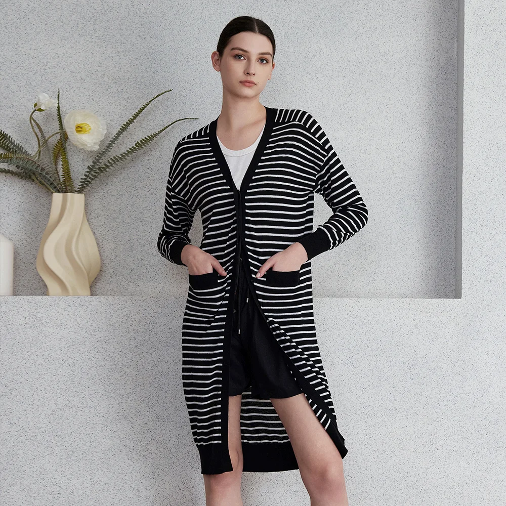 BC-37 Excellent Quality bc womens clothing of Linen and Silk Long Knitted Cardigans with Striped Ladies Clothes