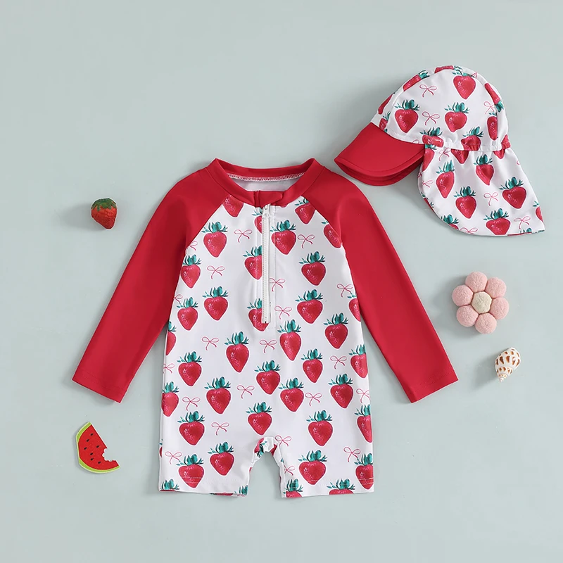 Tregren Toddler Girl Long Sleeve Swimsuit Kids Infant Floral/Bow/Strawberry Print Half Zipper Rash Guard Swimwear with Sun Hat
