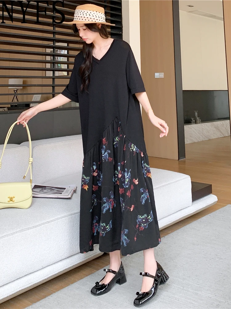 NYFS 2025 Summer New Loose Plus Size Woman Dress Vestidos Robe Elbise Fake two-piece Patchwork Chiffon Hem Long Dress