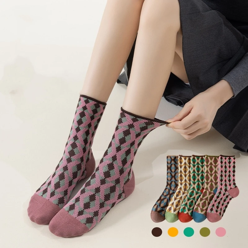 

5 Pairs Women Winter Warm Socks Retro Geometry Ladies Ethnic Cotton Sock Double Needle Crew Knitte Soft Cozy Female Socks Woman