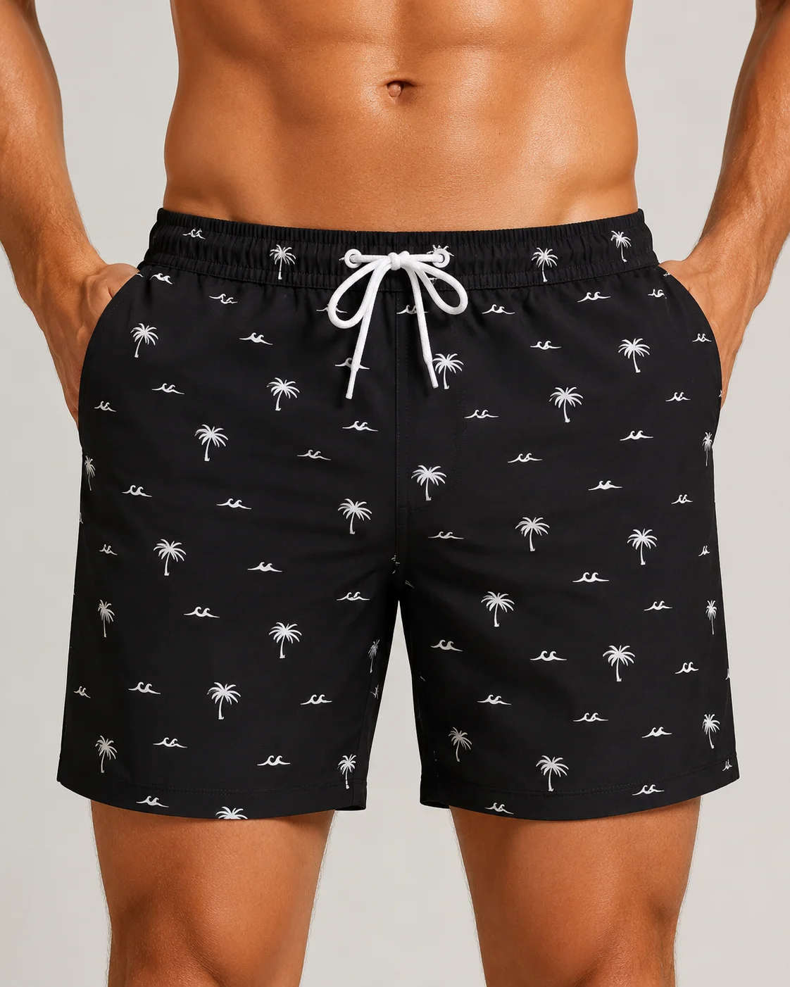 Mens Navy Blue Tropical Island Palm Tree Print Swim Shorts Quick Dry Drawstring Beach Board Shorts with Pockets Summer Holiday