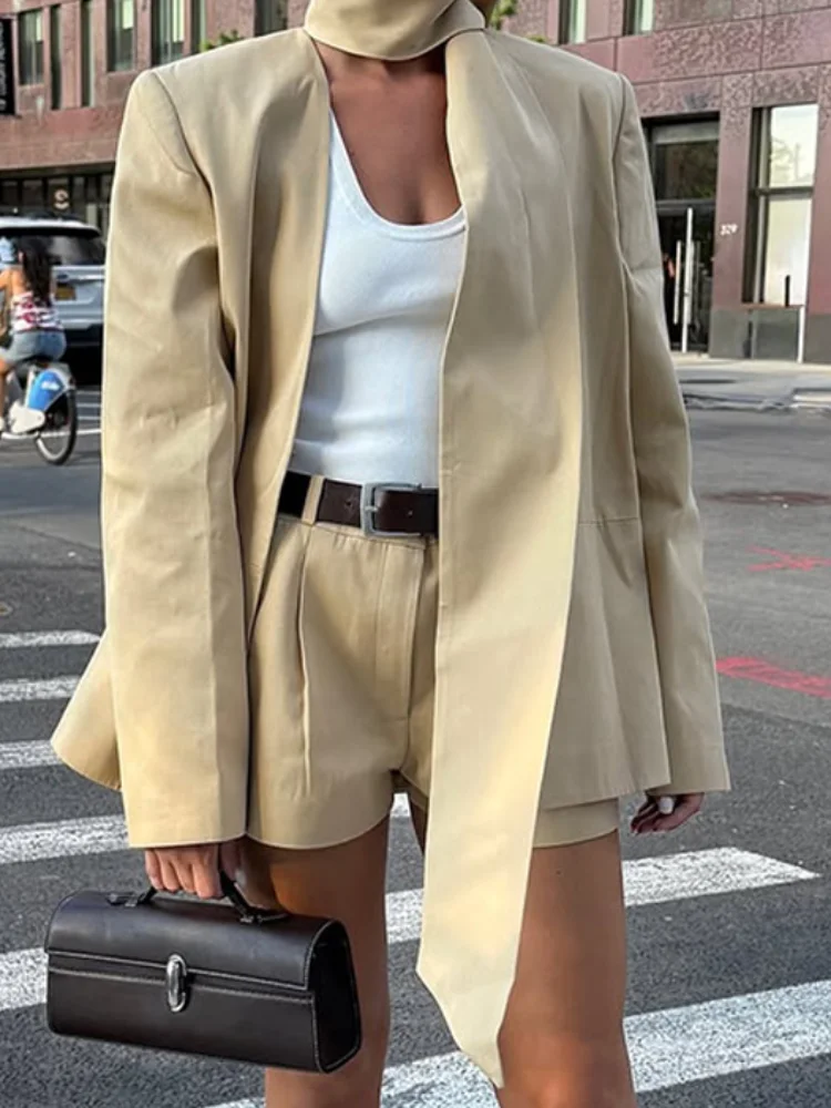

V-neck Ribbon Blazer Coat For Women Loose Solid Long Sleeve Buttons Office Lady Top Elegant Female Office Suit Jacket 2025