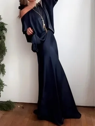 Damen Modisches Atmosphärisches Kleid Frühling Sommer Neuer Stil Rundhals Sieben-Ein-Acht-Ärmel Elegantes Sexy Einfarbiges Seiden-Langkleid – Detail 7