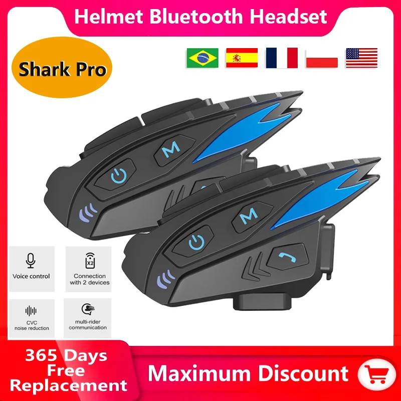 Shark Pro Motorcycle Helmet Bluetooth Intercom Headset IP65 Waterproof CVC Noise Reduction FM Radio For 8 Riders Music Sharing