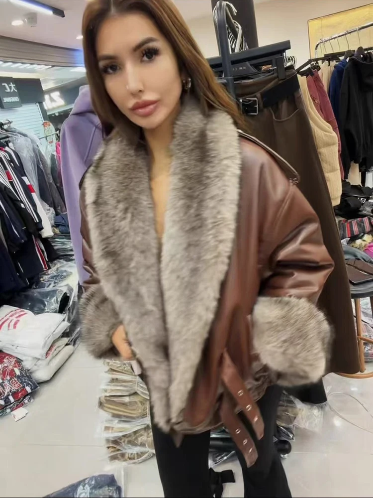 الشتاء كبير الفراء طوق بولي Leather سترة جلدية المرأة طويلة الأكمام ملابس خارجية دافئة غير رسمية الإناث الصلبة المغطاة زر سترات قطنية فضفاضة #2