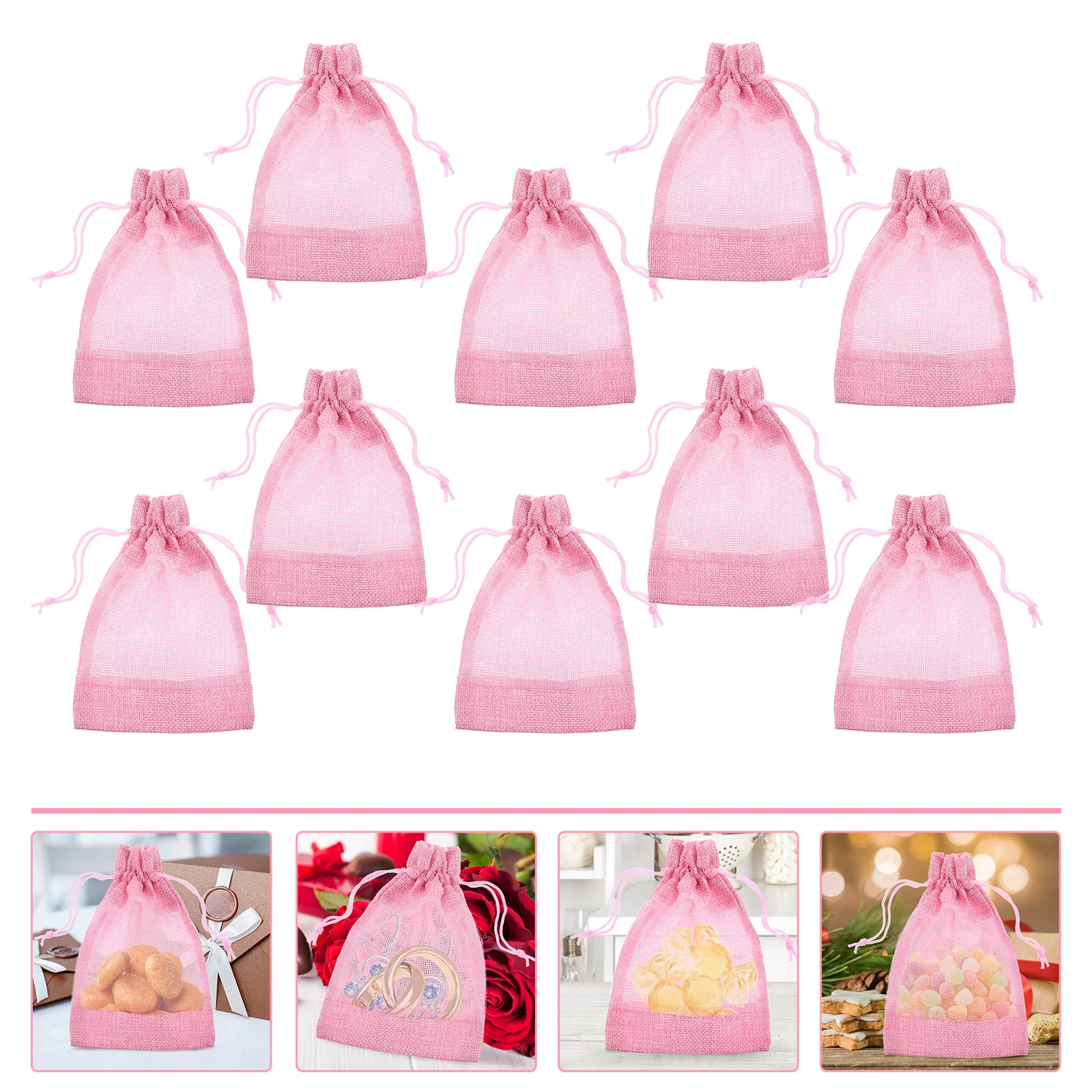 10pcs Green ganza Mesh Drawstring Bags Clear Window Storage Pouches Portable Small Size Candy Gift Jewelry Beads Makeup Tools