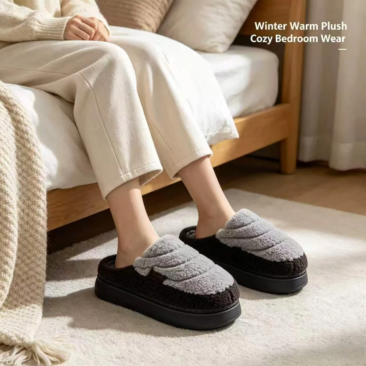 Winter Two‑Tone Fluffy Slippers Unisex Warm Fleece Lined Non‑Slip Thick Platform Indoor Home Shoes