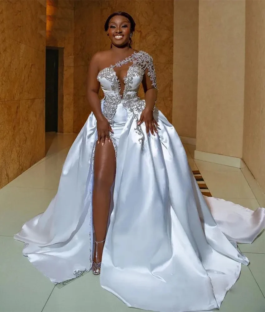 

Customized Luxury Satin A-Line Crystal Appliques One Shoulder Evening Dress High Quality Long Sleeves Floor Length prom dresses
